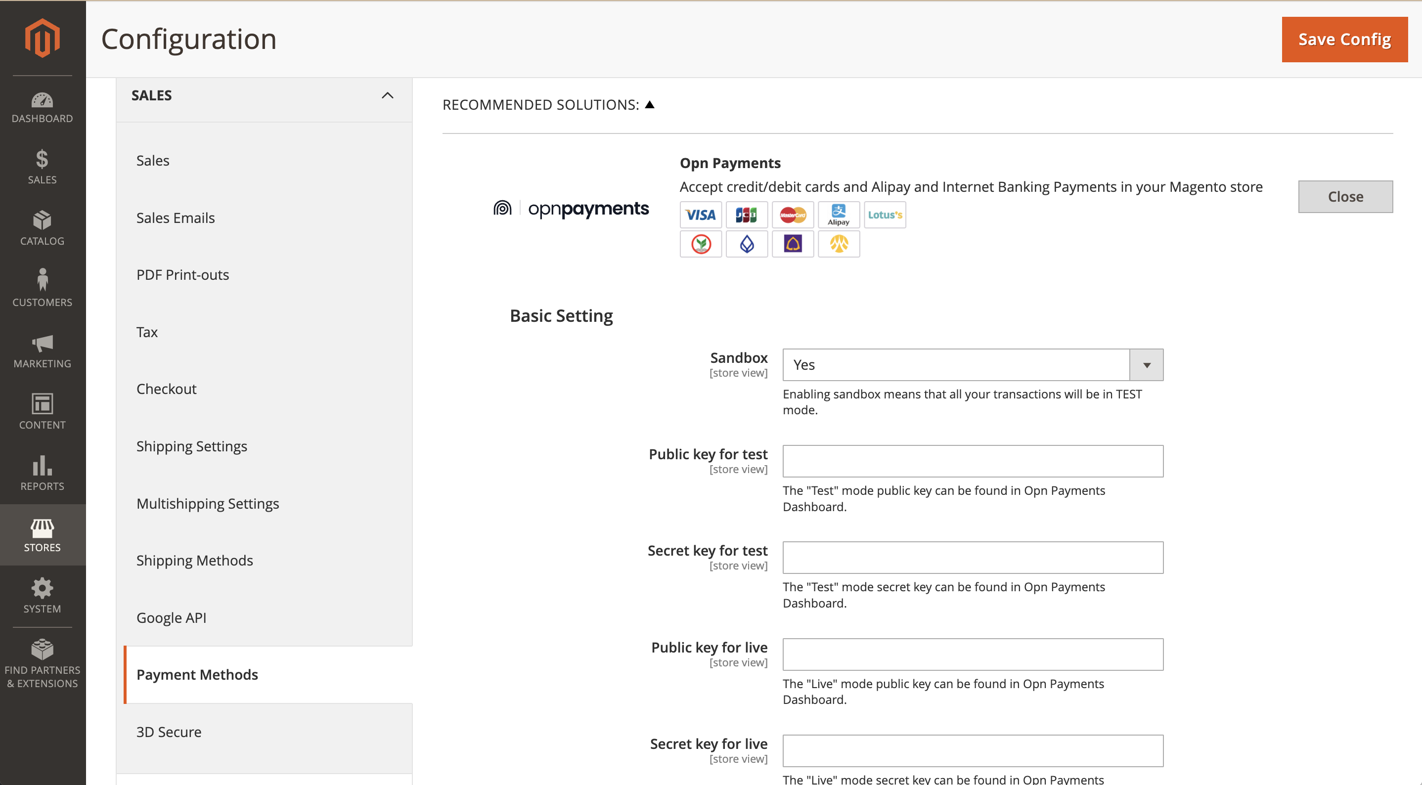 Magento admin Omise settings panel