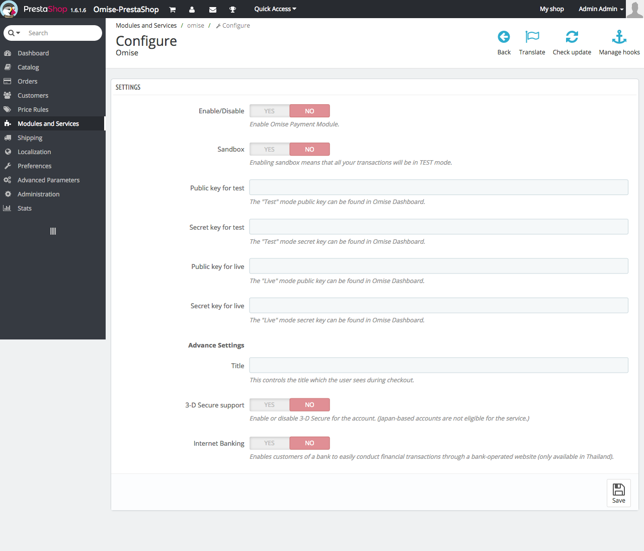 Module configuration page