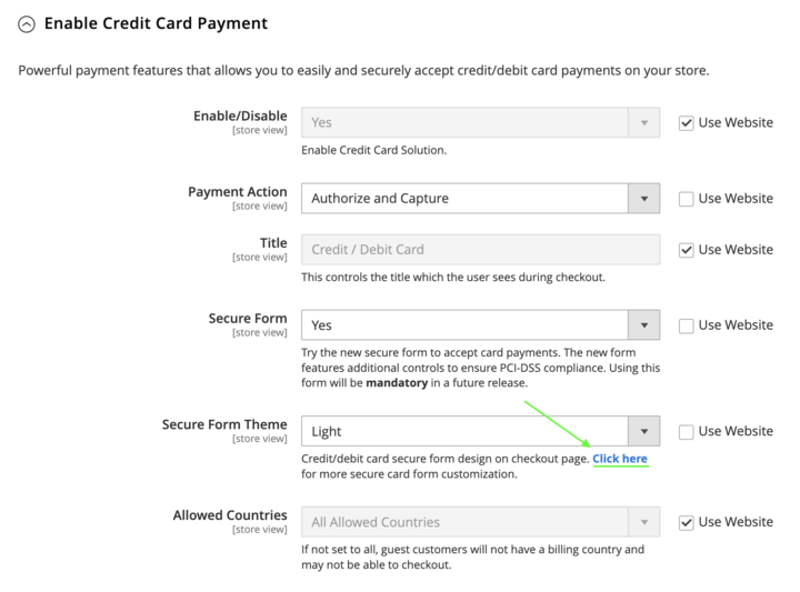 Secure form customization link in settings