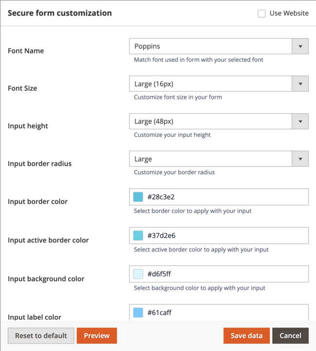 Form customization interface showing color, fonts, and styling options