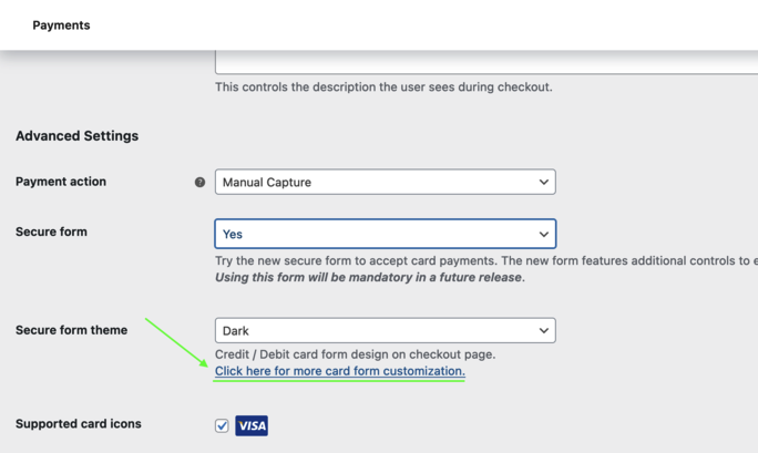 Customization link for payment form