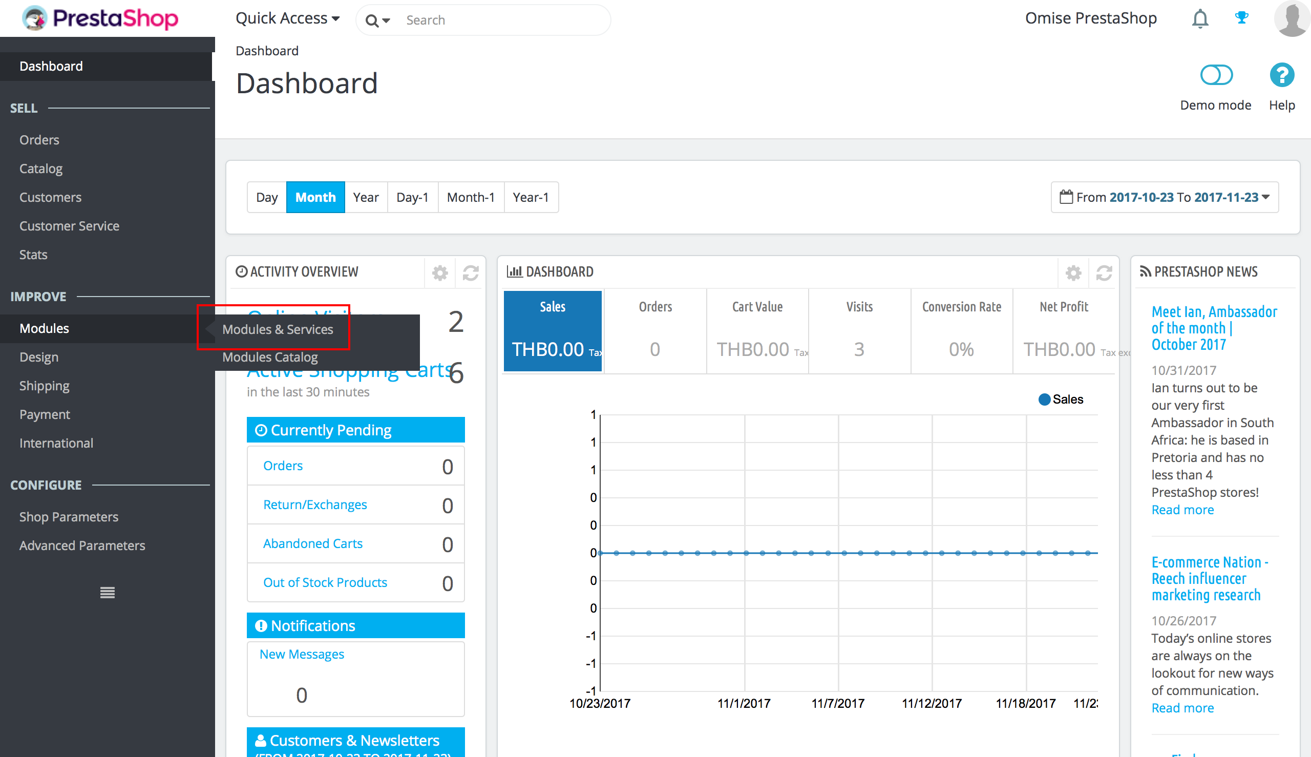 PrestaShop admin navigation to Modules