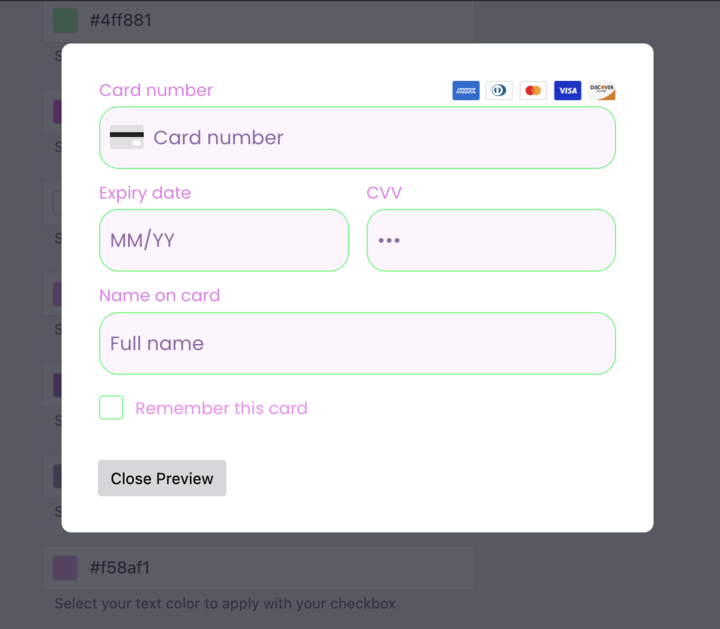 Preview of customized payment form