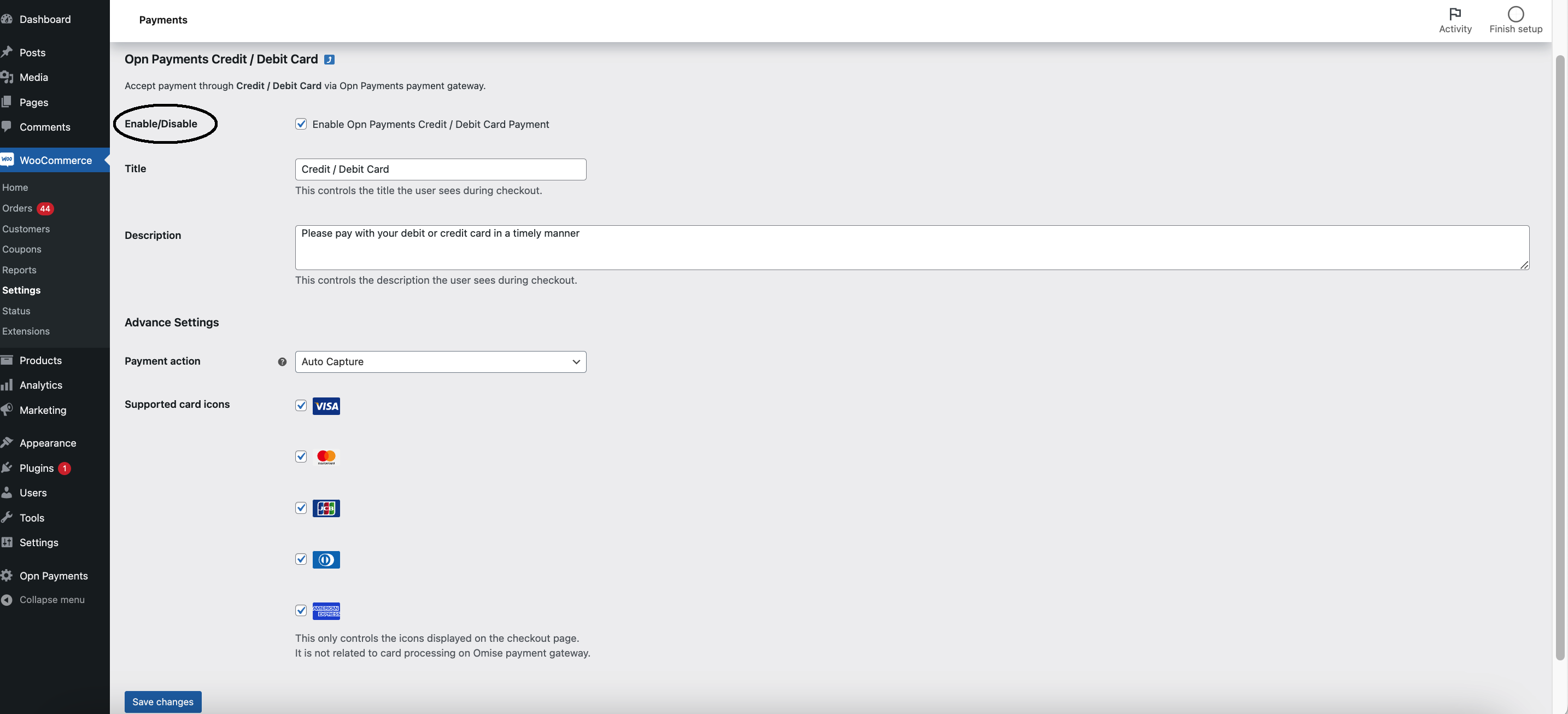 Available payment methods and card configuration