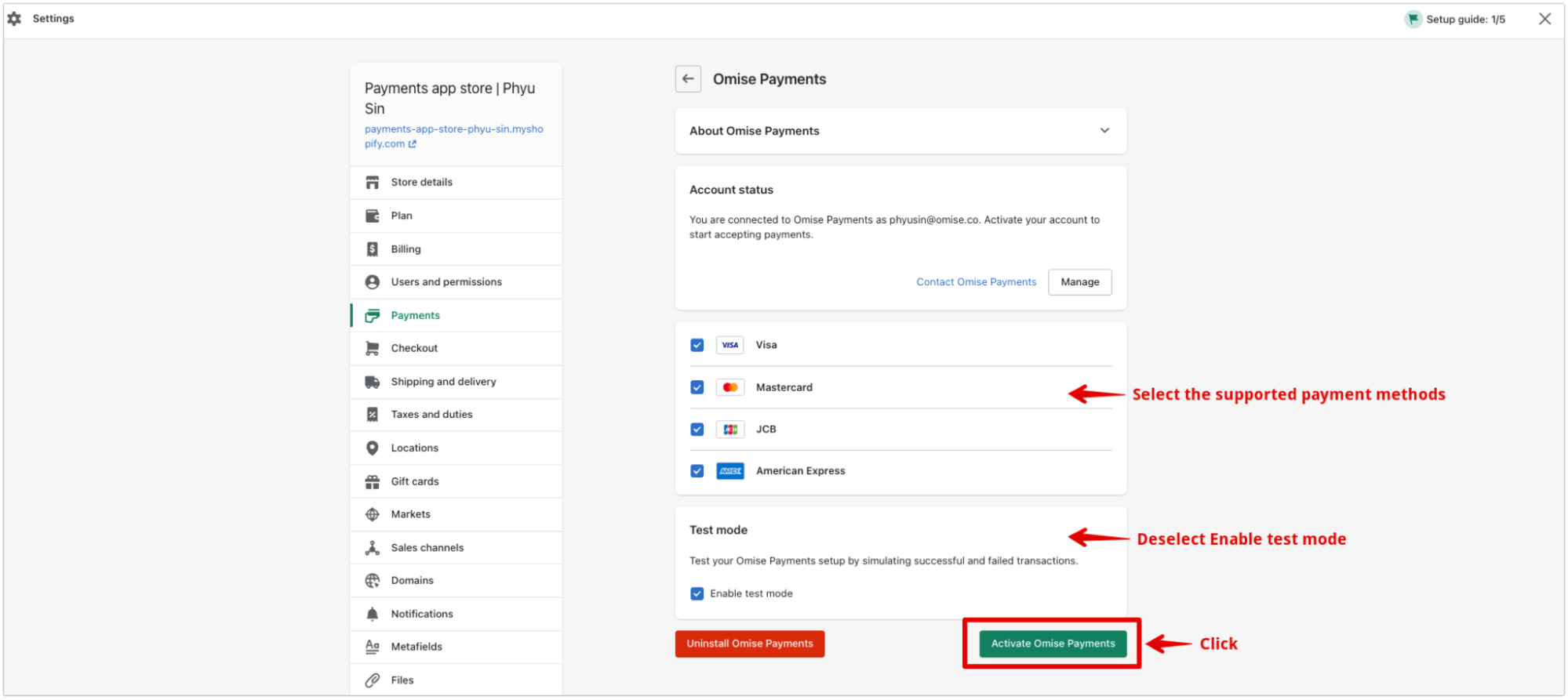 Payment method selection in Shopify settings