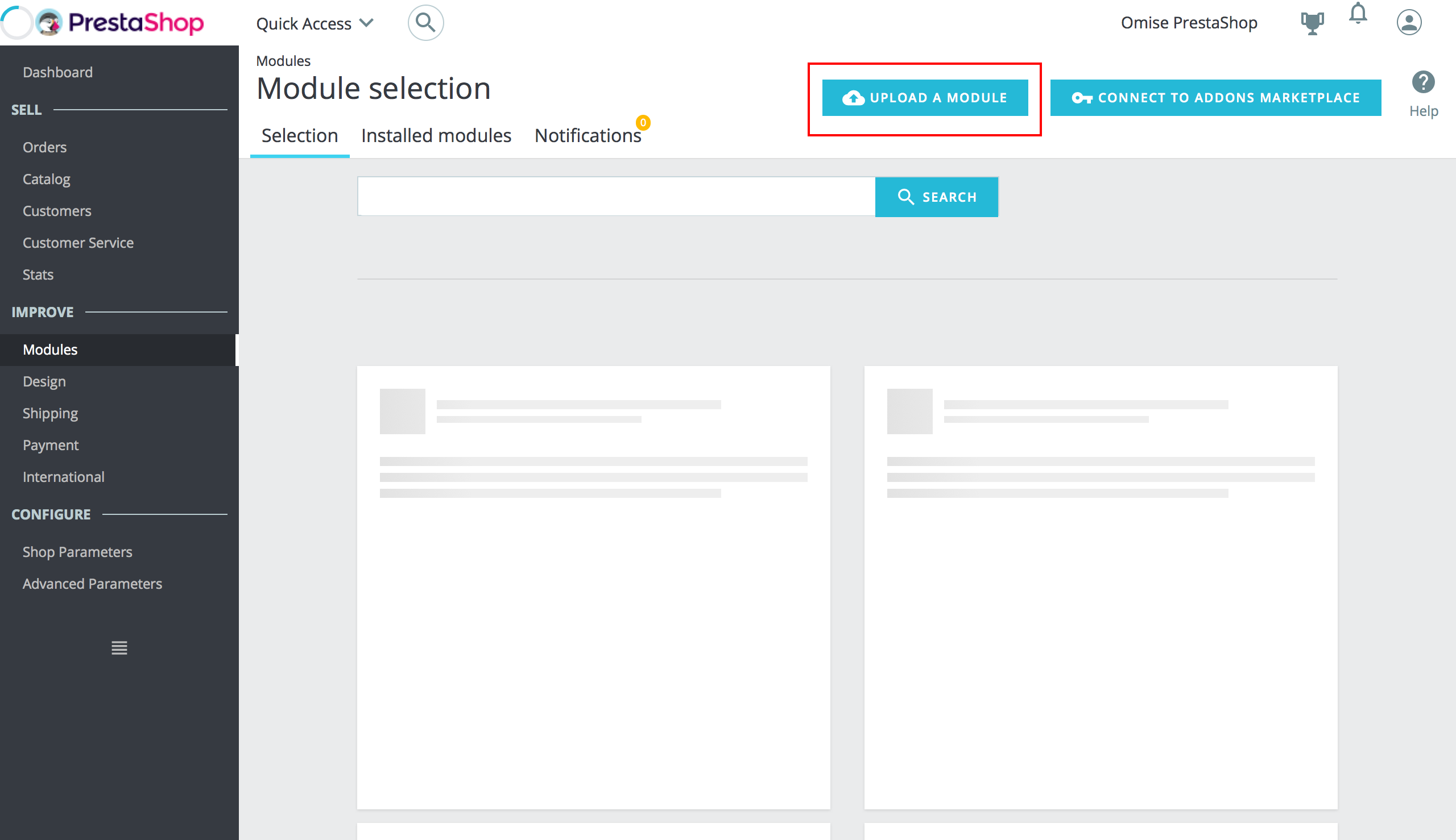 Upload a module button location