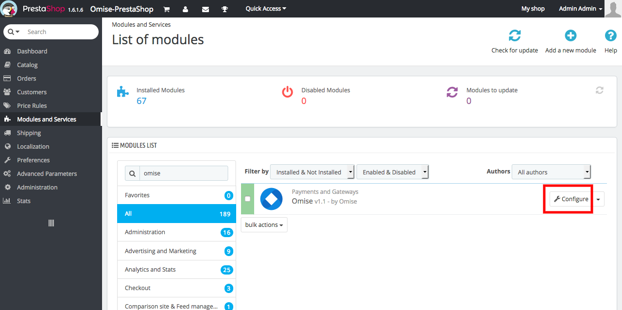 ปุ่มการกำหนดค่าสำหรับโมดูล Omise