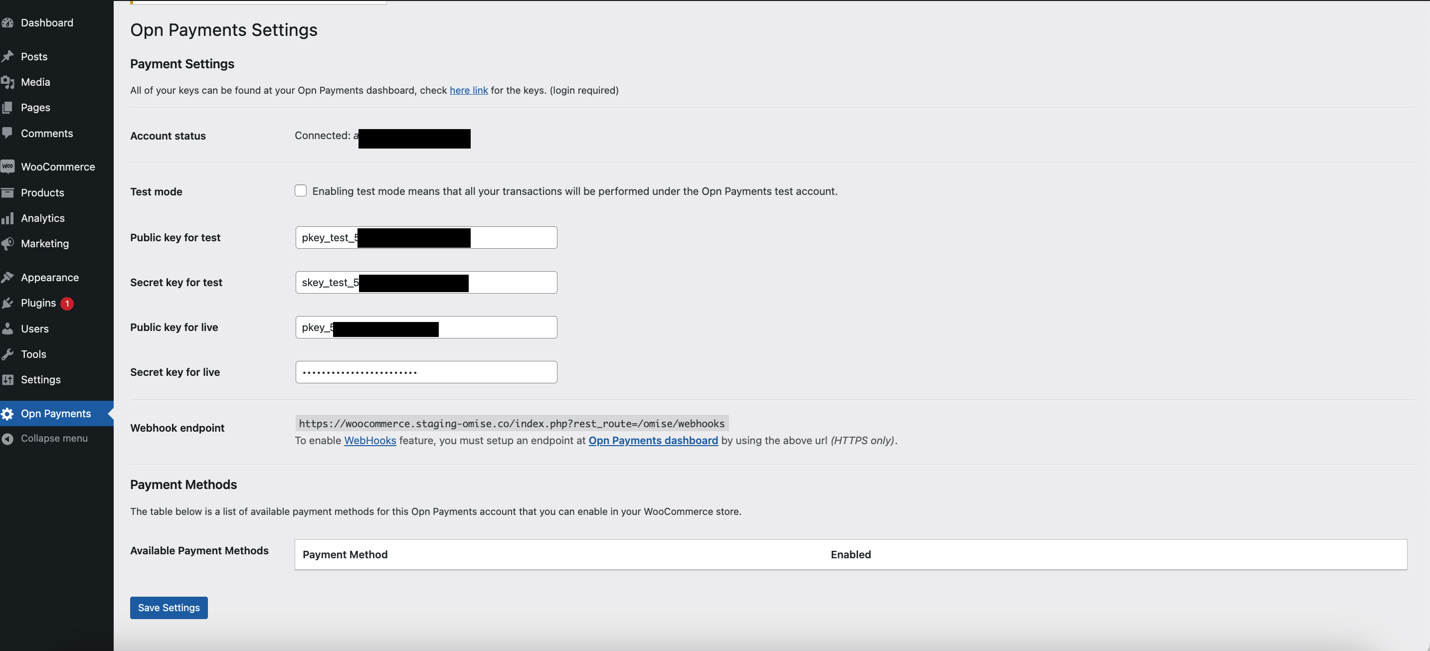 Omise settings page ด้วย API keys